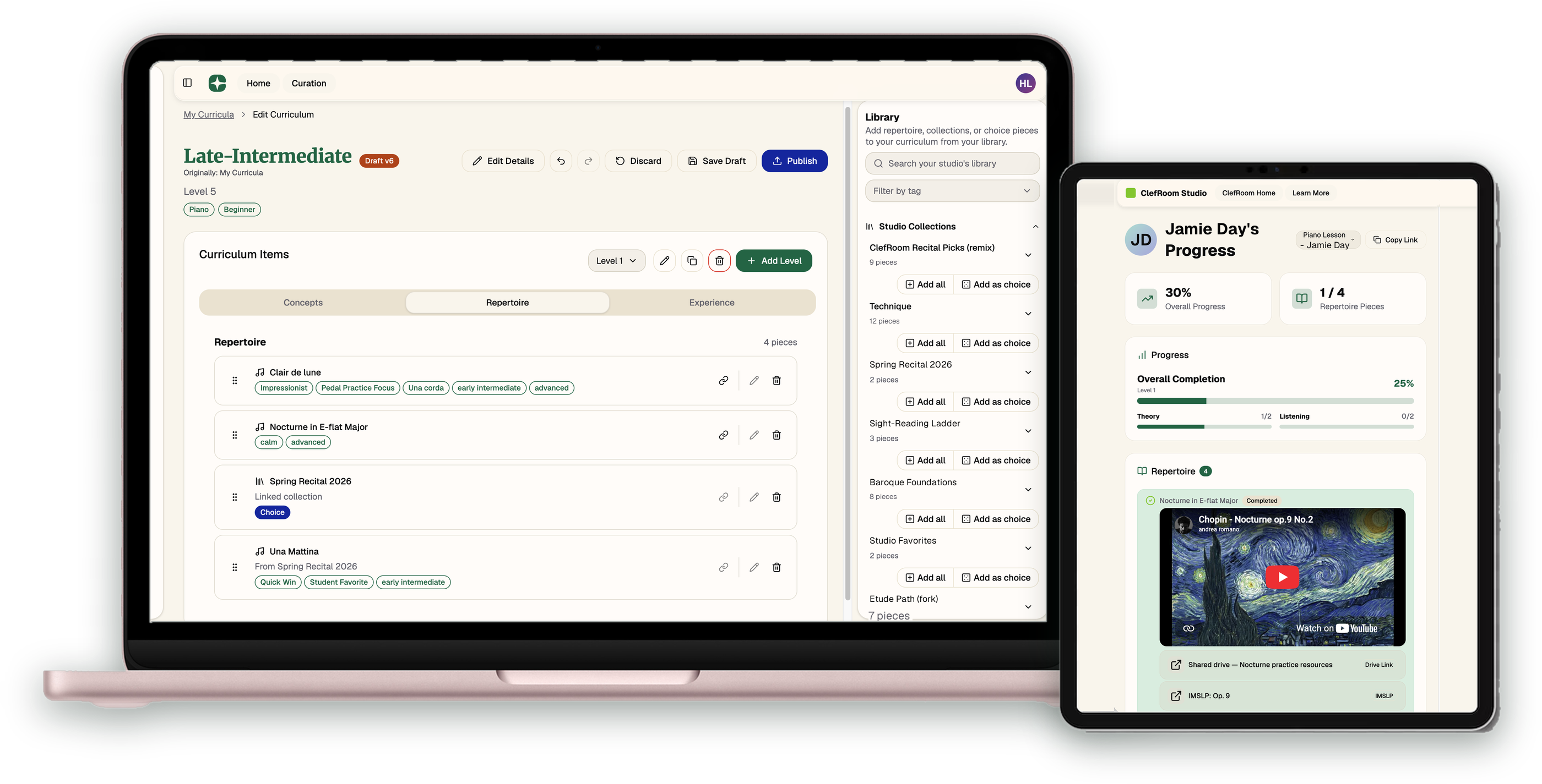 A studio curriculum open on a laptop beside the same plan seen from a family portal on a tablet.